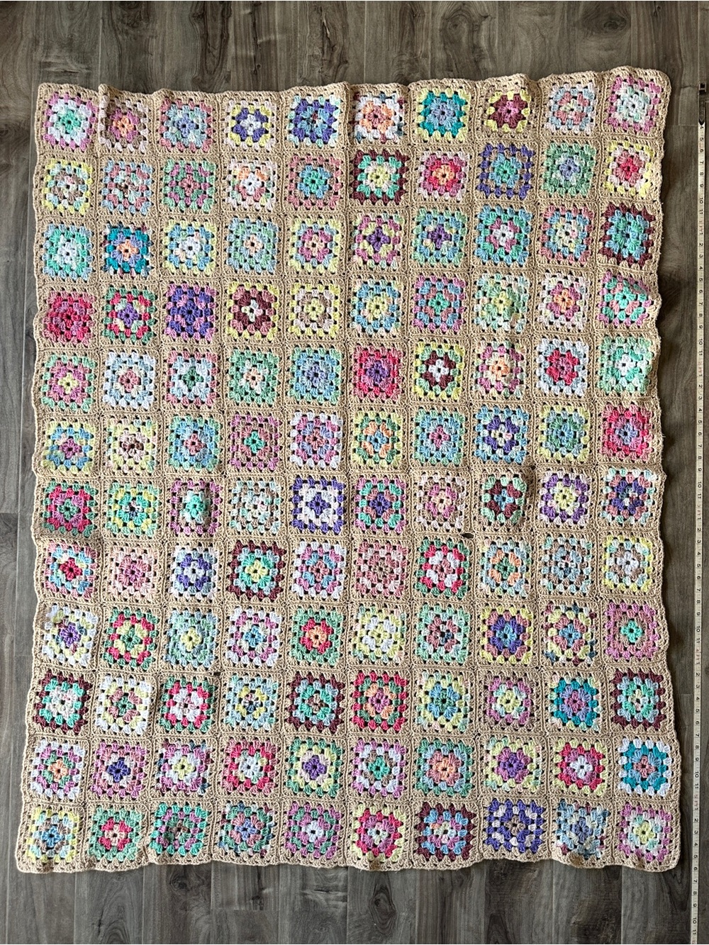 Handmade Multicolor Pastel Rainbow Crochet Granny Square Blanket Throw Beige